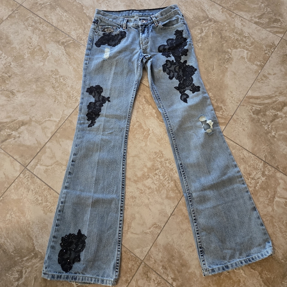 Express X2 Black Bling Applique Floral jeans size 0